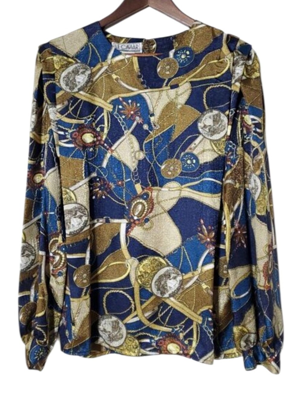 Le Caviar Vintage 80s Chain Print Medallion Silky Blouse Womens M Equestrian